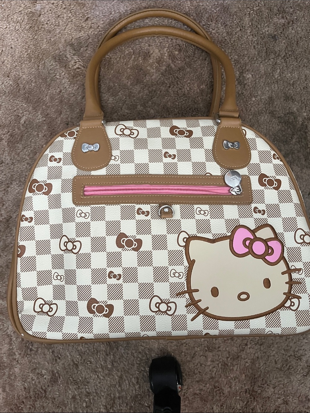 Hello Kitty White & Beige purse bag bows & checkered design pink bow zip